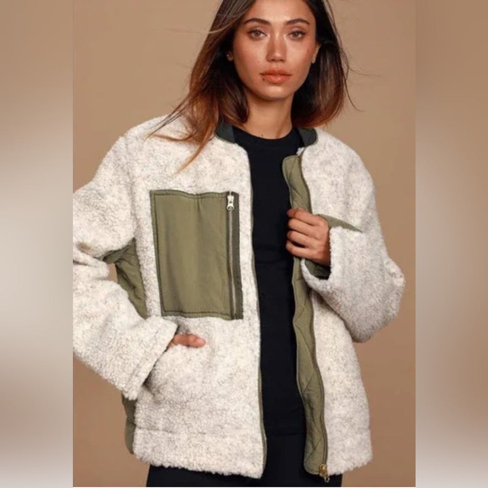 We The Free Cream Sherpa Jacket with Olive Green Trim